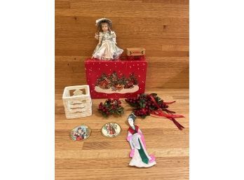 3- Ornaments, 2- 1976 Christmas Tags, 1 Holiday Box, 2 Holly Candle Holders, And Ceramic Candle Holder.