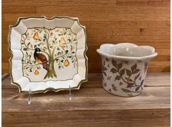 Made In Italy Bird In A Pear Tree Trinket Tray And Planter With Flowers And Bugs