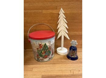 Avon 1987 Collectibles Bell, Polpourri Press 1989 Tin Canister And Wood White Tree