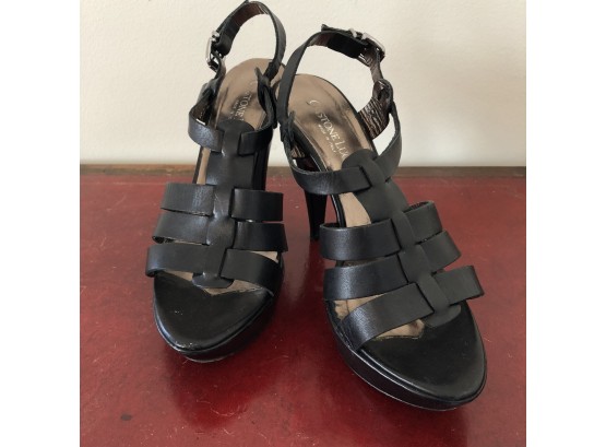 Gastone Lucioli Black Leather Sandal Platform Pump, Size 37
