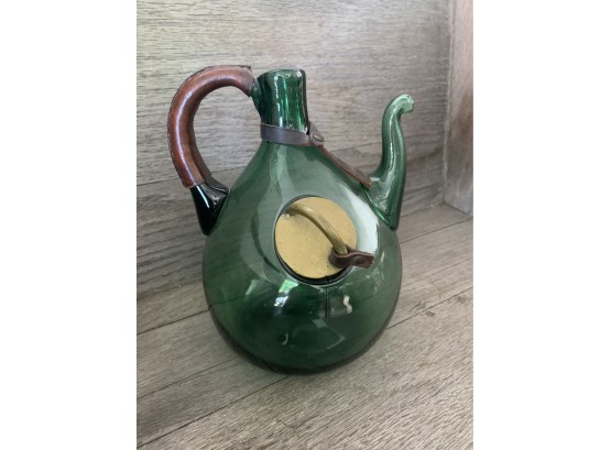 Green Glass Jug With Leather Handle