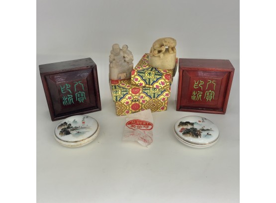 Jade Stamps & Porcelain Ink Cases With Protective  Wooden Boxes