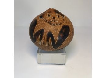 Vintage Gourd Monkey Figurine Folk Art Peruvian Hand Carved With Lucite Stand
