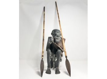 African Warrior Statue And Vintage African Tribal Spear Bamboo Wood & Steel