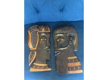 Two Hand Carved Wooden African Busts