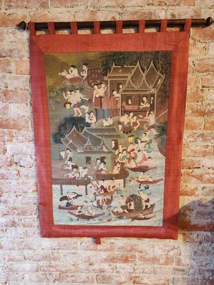 Beautiful Antique Asian Silk Painting   With Hanging Rod