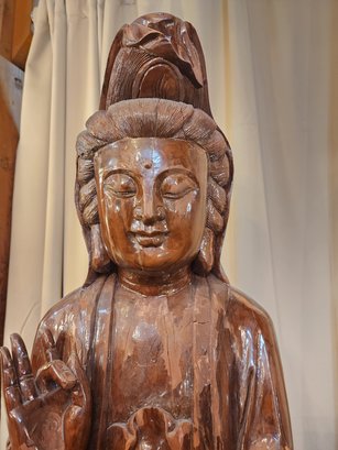 Incredible Life Sized Carved From Mahogany Statue Of  Quan-Yin.