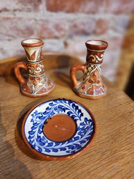 Mexican Pottery Candlesticks And  Small  Saucer