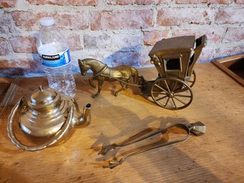 Brass Horse And Buggy 2 Piece And Brass Tongs