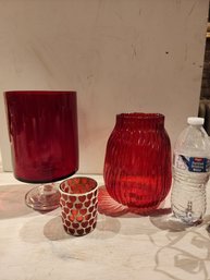 Lot Of Red Glass Vases And Mosaic Votive