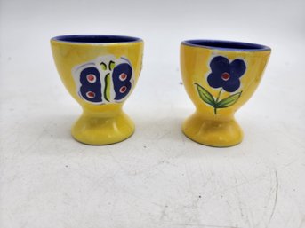 2 Hand Painted Egg Cups Bright Yellow