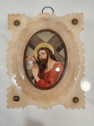 Antique Small Glass Jesus Painting