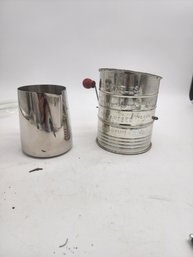 Vintage Flour Sifter And Newer Stainless Pitcher