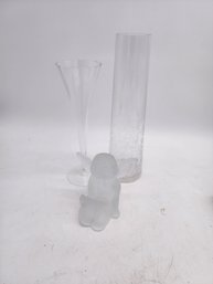 Lot Of 2 Glass Vases And A Frosted Glass Candle Holder