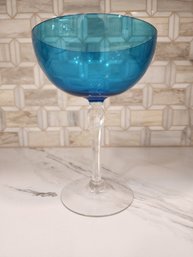 LOVELY BLUE GLASS BOWL ON PEDISTAL MCM