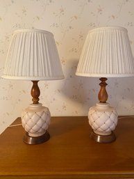 Pale Pink Satin Quilted Glass, Wood Base Lamps