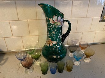 Vintage Colored Glass,  Handprinted Vase 13', Vintage Colored Cordgials