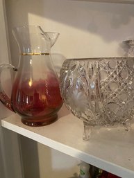 Cranberry Colored Pitcher, Footed Crystal Bowl