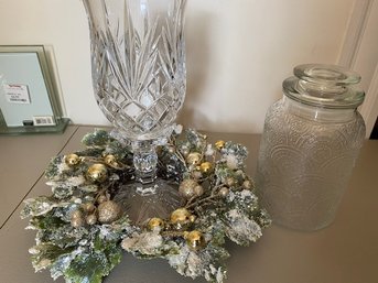 Candle With Base Wreath, Lidded Jar