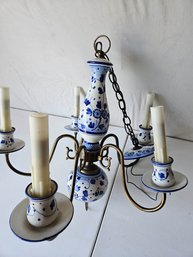 Stunning Antique Delft Blue White Porcelain Ornate Brass Chandelier - Dutch 5 Arms 5 Lights