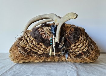 Stunning One-of-a-kind Woven Basket Embellished With Natural Fibers, Antler Handle & Attached Artifacts