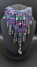 Unique Hand Woven Purple Tone Necklace With Spiritual Symbols Glass Beads