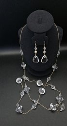 Retro Costume Necklace On A Gold Chain With Clear Beads & Glass Earrings