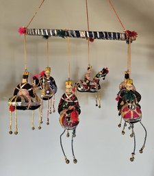 Unique Ornate Mobile With 6 Wooden Horsemen Decorated In Colorful Cloth & Bells. From India