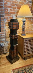 One Of A Kind Wood Carved Geometric Style Lamps And Floor Candle Holder