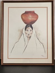 Signed Sheila Hill 1978 Native American Woman Carrying Pottery