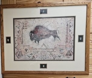 Stunning Framed Native American Bison Hunt With Four Mounted Arrowheads