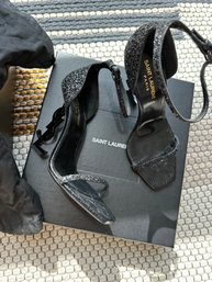 GORGEOUS YSL SAINT LAURENT Black Glitter Sandal Size 36