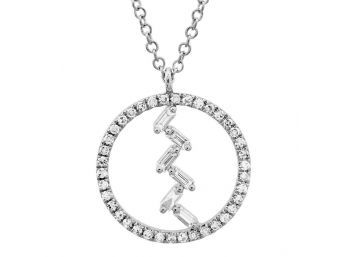 Stunning 14k White Gold Circle Necklace With Baguette Diamonds