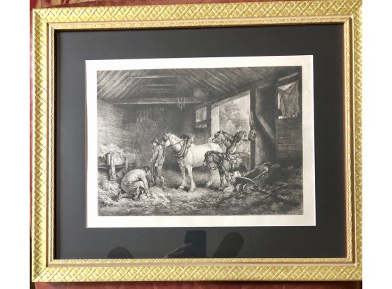 Etching By C.F. Wilson Of Stable With Horses