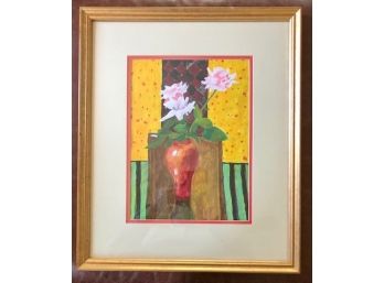 Unsigned Watercolor On Paper Of Roses In A Vase