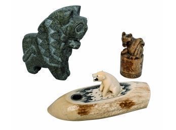 Alaskan Walrus Ivory & 2 Other Figural Carvings