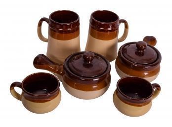 Brown Glazed Ceramic Onion Soup Crocks, Mugs And Cups