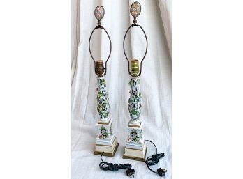 A Pair Of Pretty Capodimonte Column Table Lamps