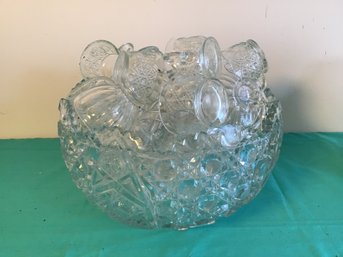 Pressed Glass Punchbowl With Various Cups