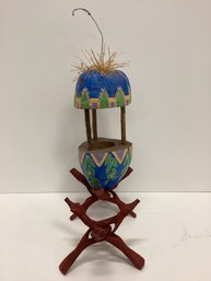 Pair Wooden Stands With Decorative Coconut