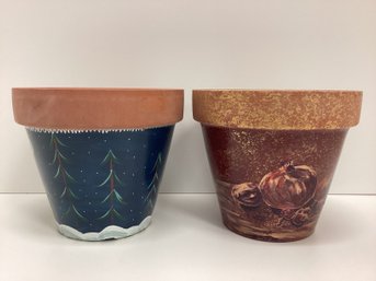 Signed Pair Painted Terracotta Pots