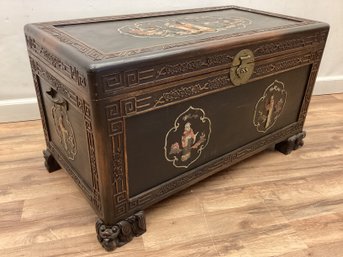 Carved Chinese Lacquered Chest With Stone Inlay