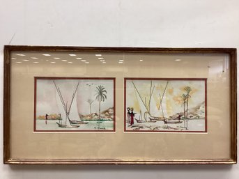 Signed Watercolor Diptych Seascape