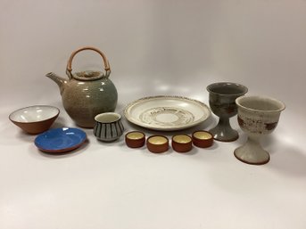 11 Piece Artisan Pottery Lot Of Bowls, Plates, Teapot & Plate