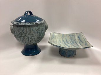 Blue Ceramic Pottery Pieces - Tureen & Pedestal Tray