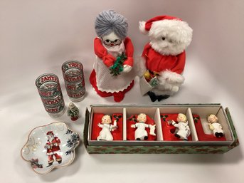 Christmas Lot - Santa Dolls, Punch Glasses, Dish, Vintage Decor