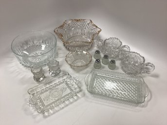 Lot Of 13 Clear Cut Glass Pieces - Bowls, Trays, Etc