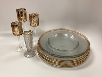 Gold And Clear Glass Vase, Votives And Plates