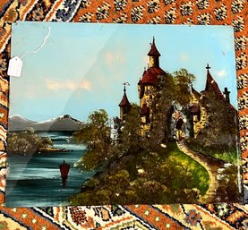 REVERSE PAINTED GLASS ART 'RUINS ON THE RHINE' VINTAGE