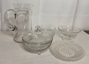 LOT OF 5 GLASS SERVING ENTERTAINING PIECES